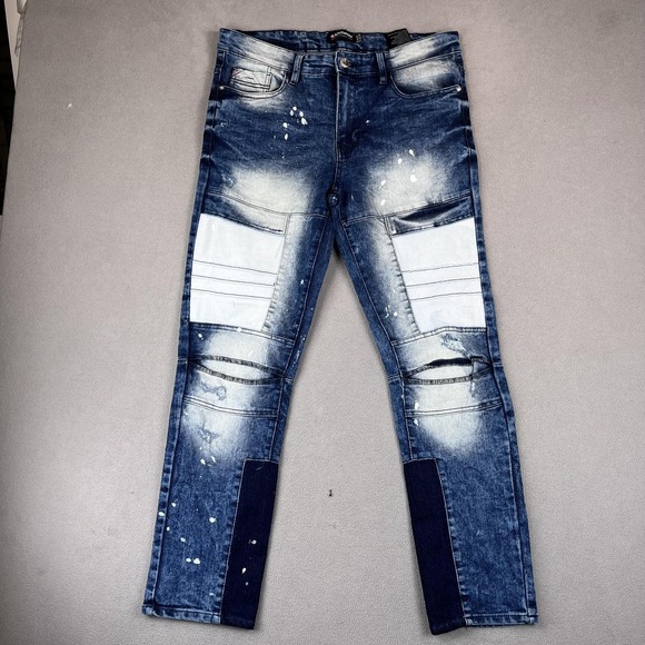 Southpole Jeans Mens 34x30 Distressed Patchwork Skinny Fit Paint Splatter Denim - Picture 1 of 11